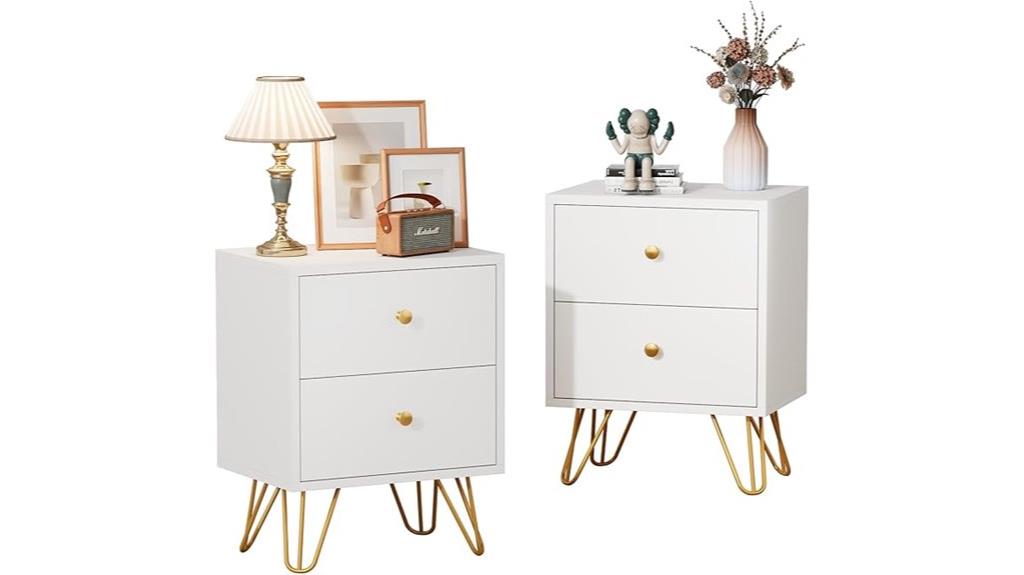 matching white nightstands with gold handles