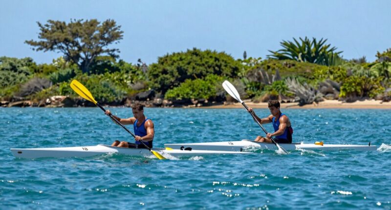 shared tandem kayak paddling